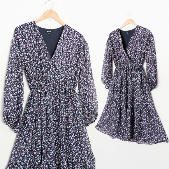 Madewell Tie Waist Midi Dress M Harvest Vine Floral Navy Blue Surplice Neck $148 - Picture 13 of 15